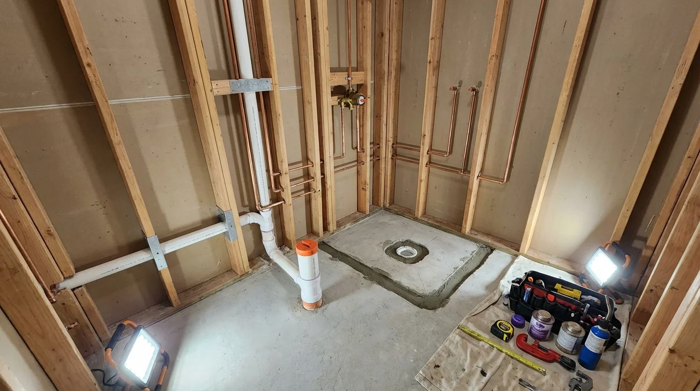Bathroom rough-in plumbing during remodel by Johns Plumbing LLC in Holiday