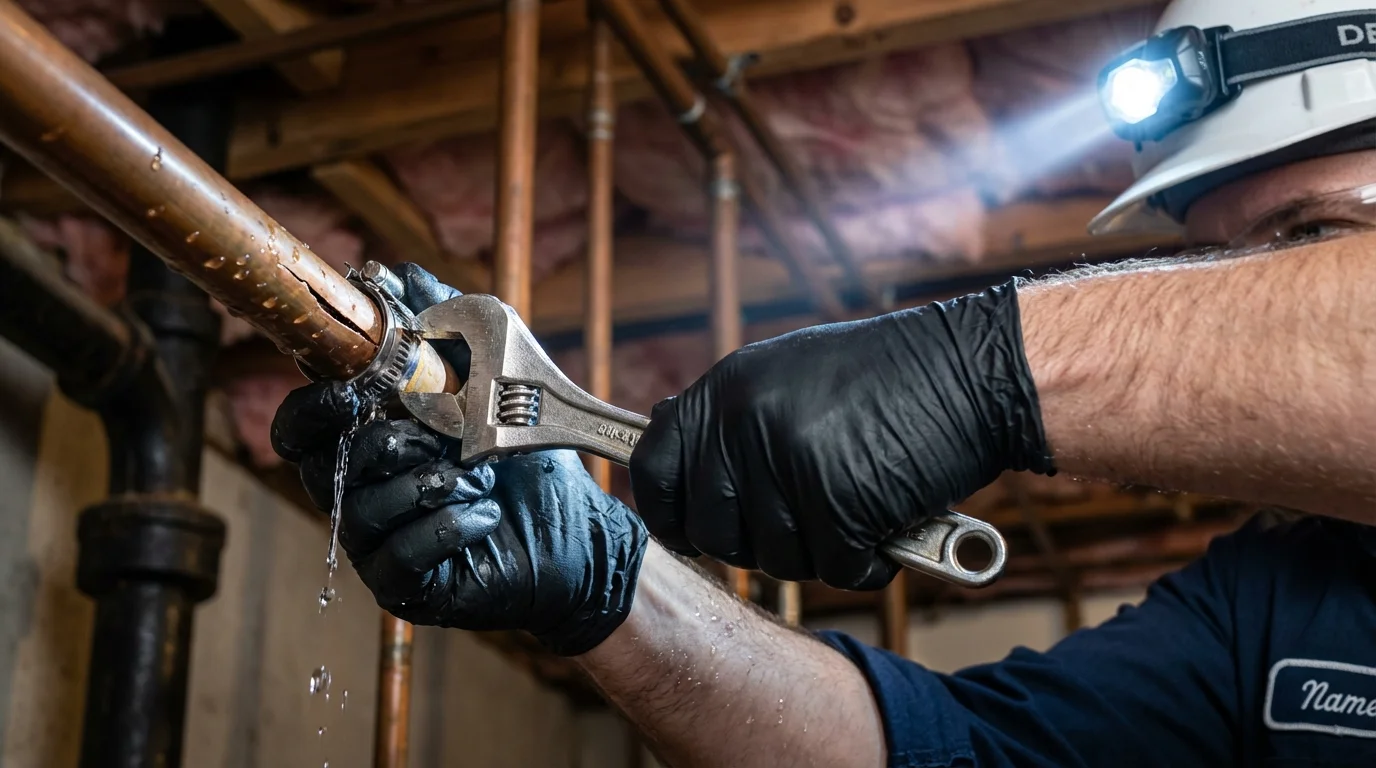 Emergency pipe clamp repair being performed by a Johns Plumbing LLC plumber in Holiday