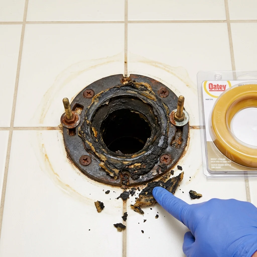 Failed wax ring showing water seepage at the base of a toilet in a Holiday, FL home