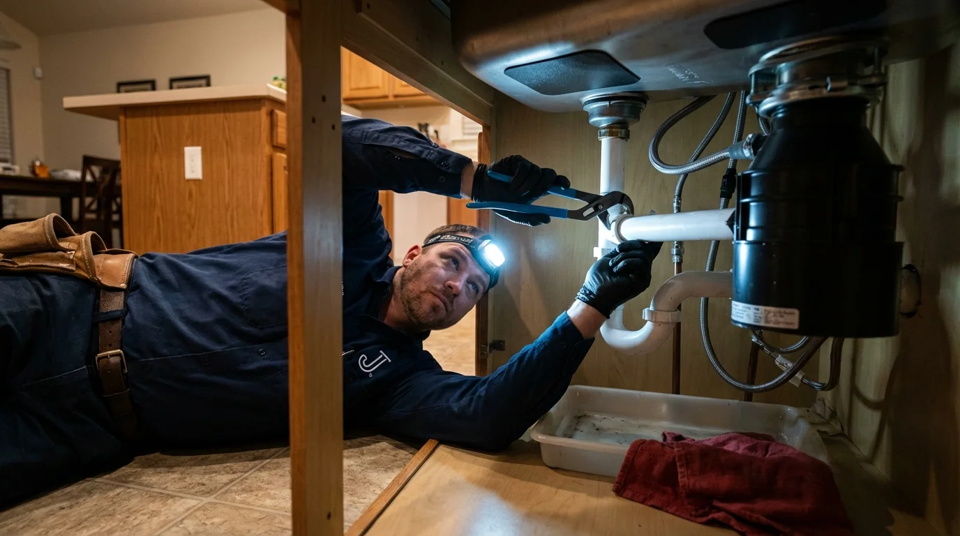 P-trap and supply line connections under a kitchen sink showing a common leak point in Holiday, FL